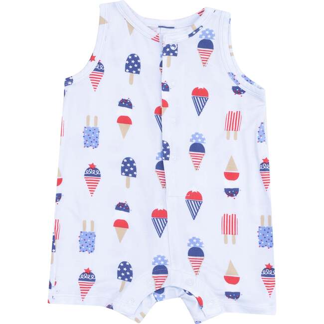 Sleeveless Shortie Romper, American Ice Cream, Blue - Rompers - 1
