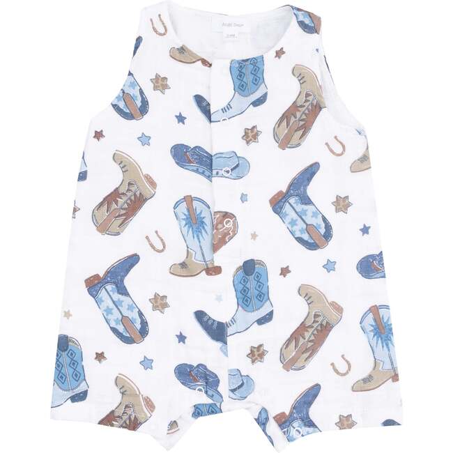 Sleeveless Shortie Romper, Cowboy Boots Blue - Rompers - 1