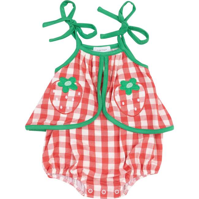 Swing Front Sunsuit with Applique, Strawberry Gingham - Rompers - 1