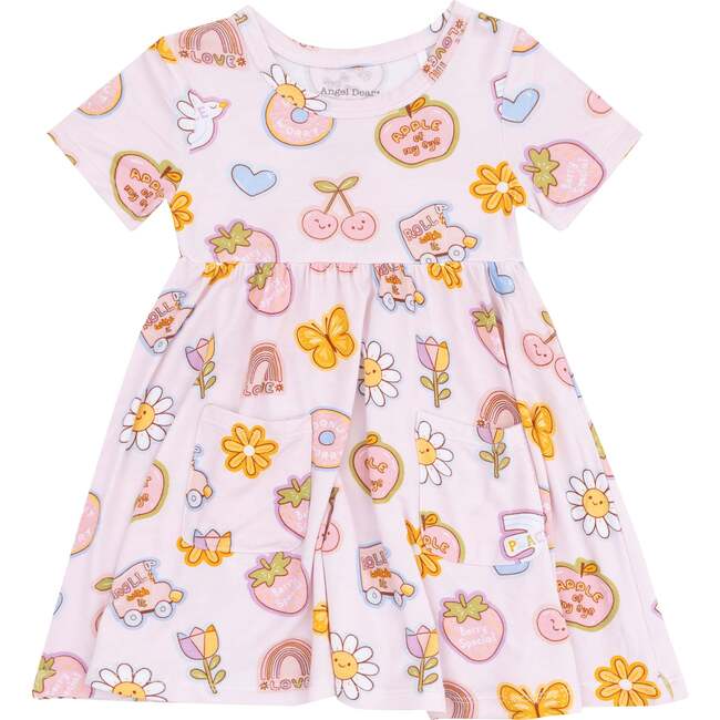 Short Sleeve  Twirly Dress, Groovy Vibes Stickers Pink - Dresses - 1
