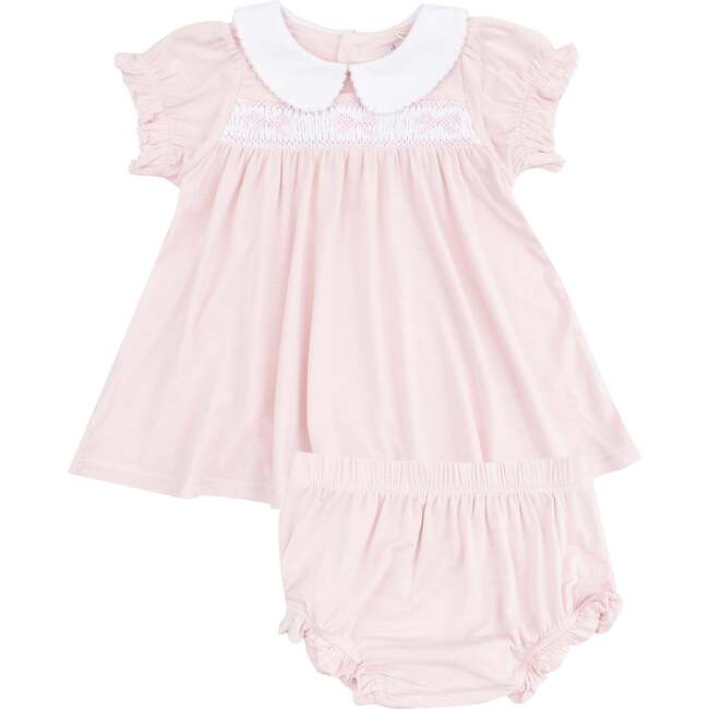 Smocked Peterpan Collar Dress +Ruffle Leg Bloomer, Solid Classic Pink - Dresses - 1