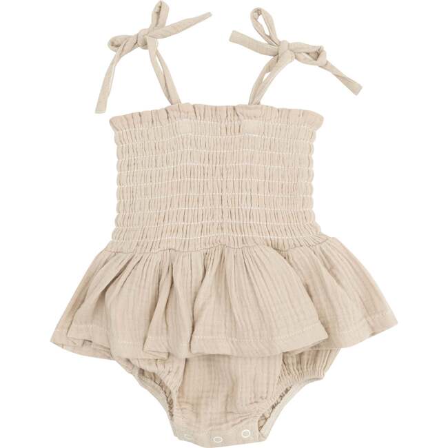 Smocked Bubble with Skirt, Solid Muslin Oxford Tan - Dresses - 1