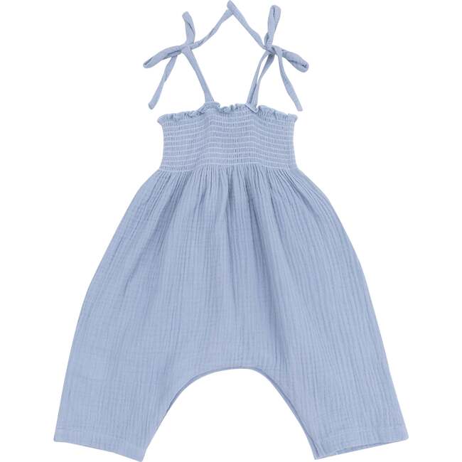 Smocked Romper, Solid Muslin Dusty Blue - Rompers - 1