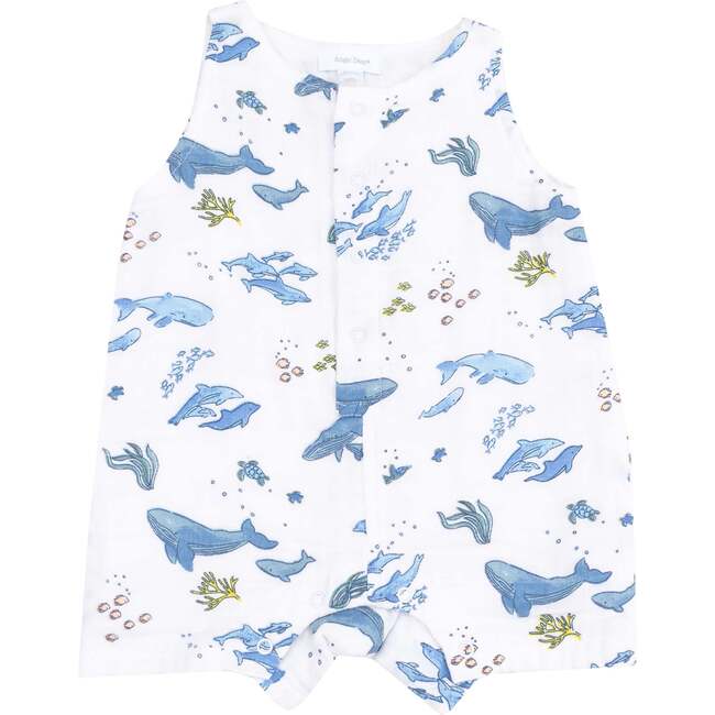 Sleevless Shortie Romper, Watercolor Blue Whales - Rompers - 1