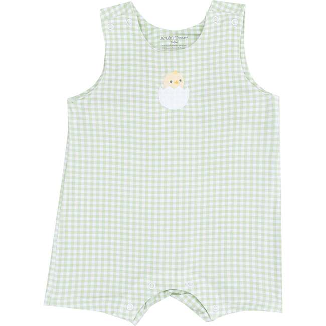 Sleeveless Shortie Romper with Baby Chick Applique, Mini Gingham Green - Rompers - 1