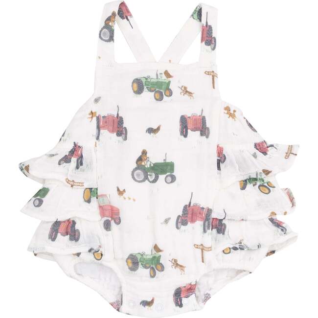 Ruffle Sunsuit, Tractors and Friends Pink - Rompers - 1