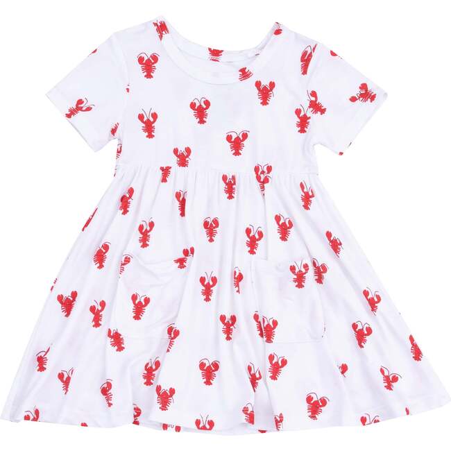 Short Sleeve Twirly Dress, Lobster Bamboo, White - Dresses - 1