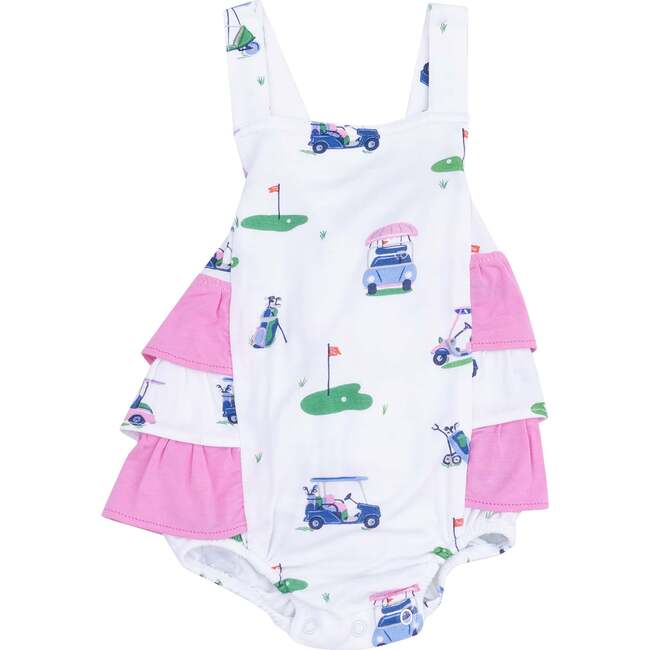 Ruffle Sunsuit - Vintage Golf Carts, Pink - Rompers - 1