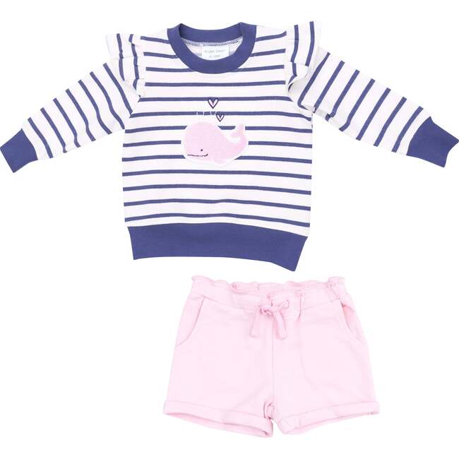 Ruffle Sleeve Sweatshirt with Chenille Patch and Paperbag Shorts Bubbly Whale, Pink - Mixed Apparel Set - 1