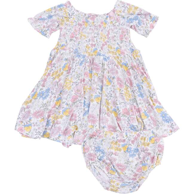 Puff Sleeve Smocked Dress and Diaper Cover, Viola Floral - Dresses - 1
