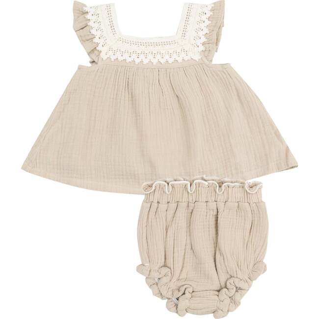 Pinafore with Crochet Heart Lace and High Waisted Diaper Cover, Solid Muslin Oxford Tan - Mixed Apparel Set - 1