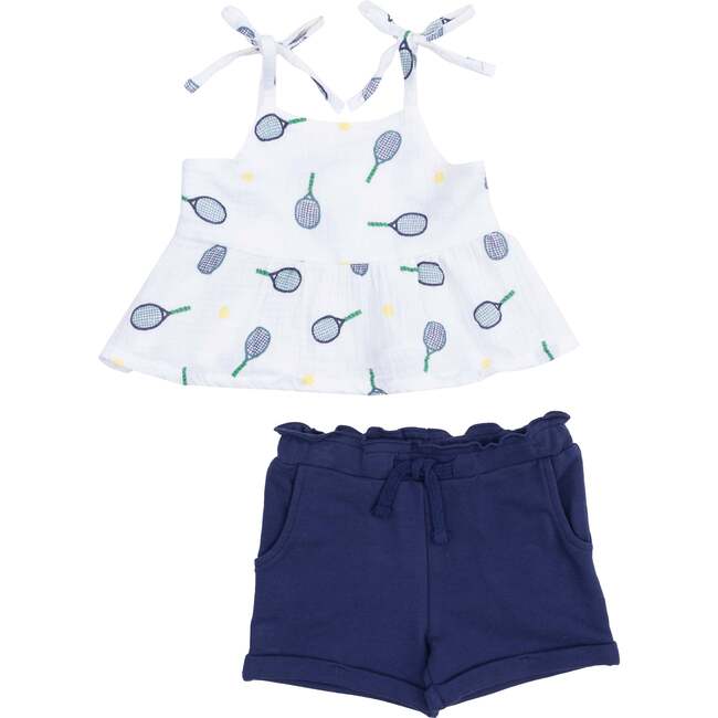 Peplum Tank with Smocking Muslin and Paperback Short French Terry - Tennis, White - Mixed Apparel Set - 1