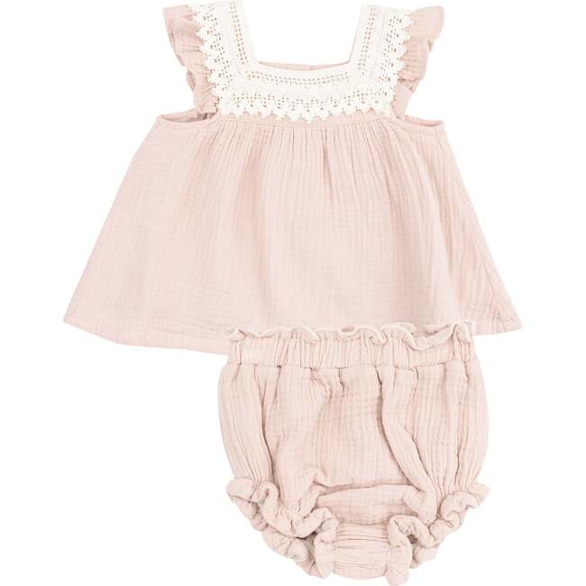 Pinafore with Crochet Heart Lace and High Waisted Diaper Cover, Solid Muslin Rose Smoke - Mixed Apparel Set - 1