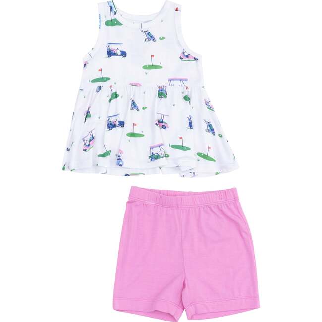 Peplum Tank Top and Bike Short - Vintage Golf Carts, Pink - Mixed Apparel Set - 1