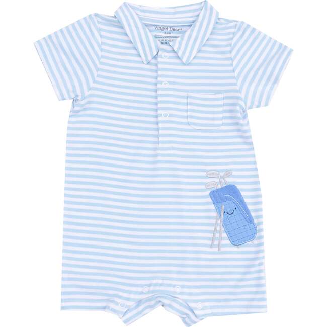 Polo Shortie with Applique - Golf Blue Stripe, Blue - Rompers - 1