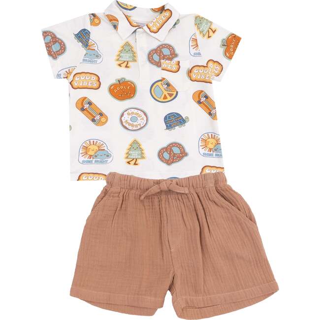 Polo Shirt and Muslin Short, Groovy Vibes Stickers Tan - Mixed Apparel Set - 1