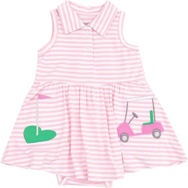 Polo Collar Bodysuit Dress with Applique - Golf Pink Mini Gingham, Pink - Dresses - 1