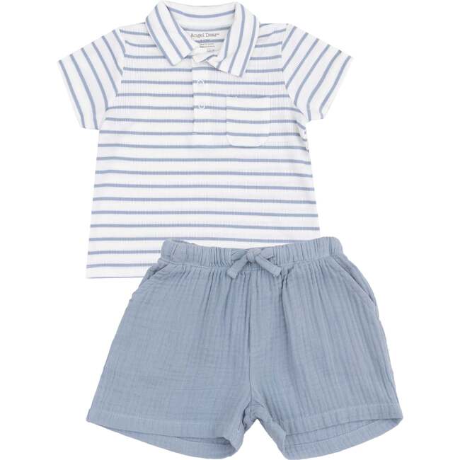 Polo Shirt and Muslin Short, French Stripe Dusty Blue - Mixed Apparel Set - 1