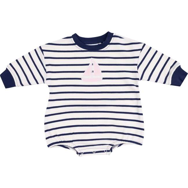 French Terry Sweatshirt Bubble with Pink Sailboat Applique - Navy Stripe, Navy - Rompers - 1