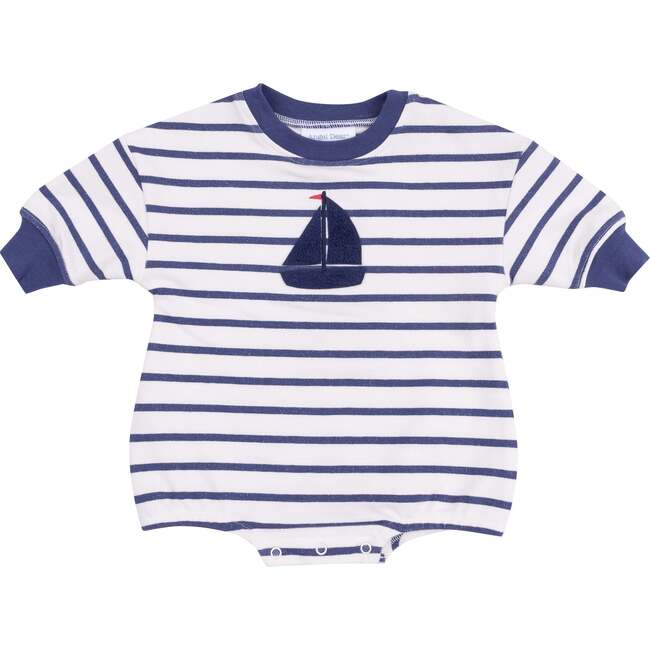 French Terry Sweatshirt Bubble with Sailboat Applique - Navy Stripe, Navy - Rompers - 1