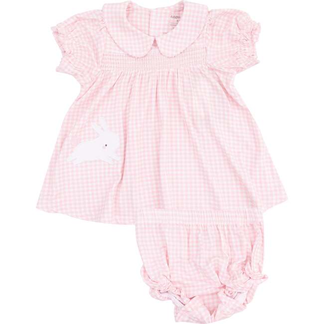 Classic Smocked Peter Pan Collar Dress with  Bunny Applique and Diaper Cover, Mini Gingham Pink - Dresses - 1