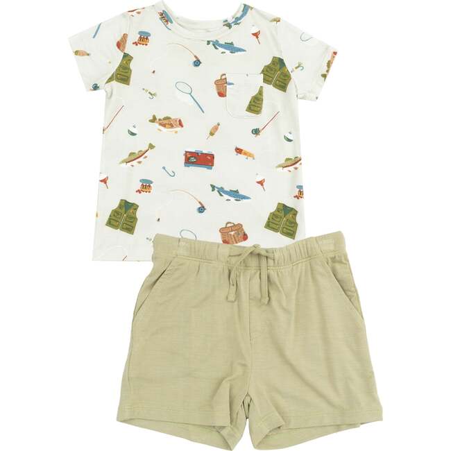 Crew Neck Tee & Short Set, Fishing Things Green - Mixed Apparel Set - 1