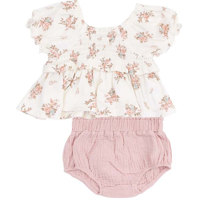 Cap Sleeve Smocked Blouse and Muslin Bloomer, Vintage Rosebuds - Mixed Apparel Set - 1