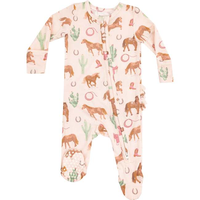 2 Way Zipper Ruffle Back Footie, Western Horses Pink - Footie Pajamas - 1