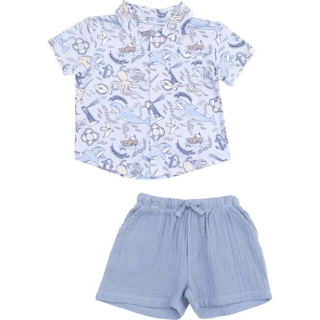 Button Down Bamboo Polo and Muslin Short Set, Nautical Notebook - Mixed Apparel Set - 1