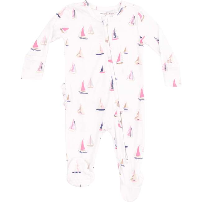 2 Way Zipper Ruffle Back Footie, Sailboats Pink - Footie Pajamas - 1