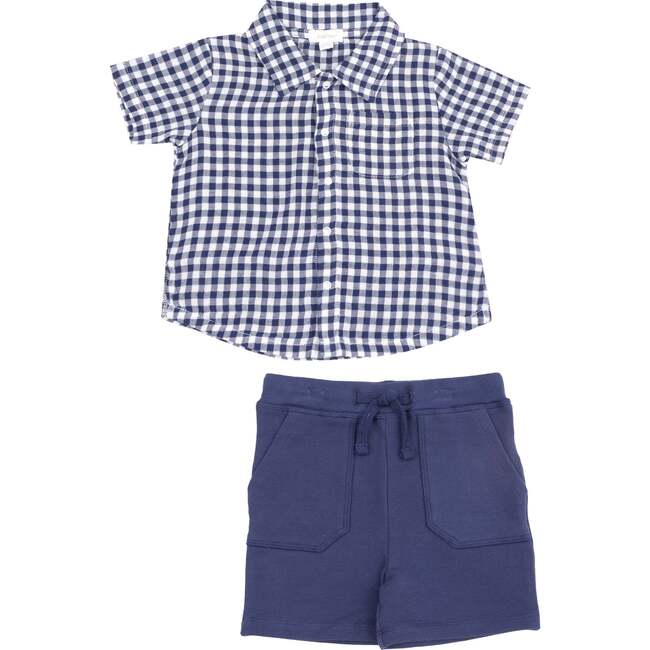 Button Down Muslin Polo with French Terry Short, Navy Gingham - Mixed Apparel Set - 1
