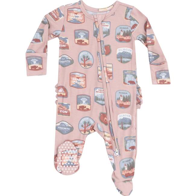 2 Way Zipper Ruffle Back Footie, National Park Patches Pink - Footie Pajamas - 1
