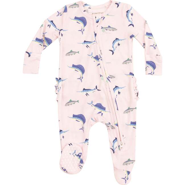 2 Way Zipper Ruffle Back Footie, Deep Sea Fishing Pink - Footie Pajamas - 1