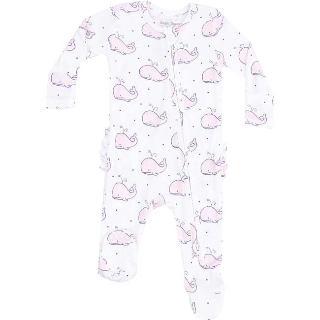 2 Way Zipper Ruffle Back Footie, Bubbly Whale Pink - Footie Pajamas - 1