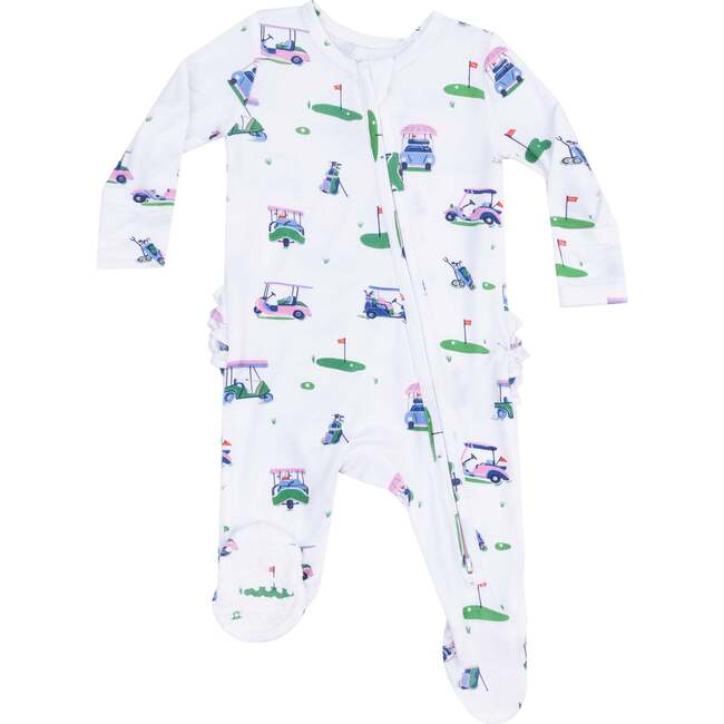 2 Way Zipper Ruffle Back Footie - Vintage Golf Carts, Pink - Footie Pajamas - 1