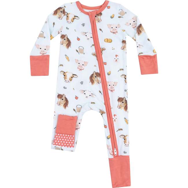 2 Way Zipper Romper, Vintage Animals Faces Blue - Rompers - 1