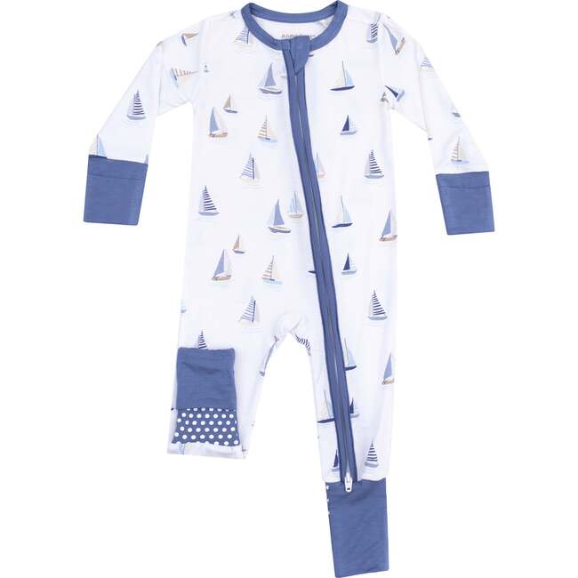 2 Way Zipper Romper, Sailboats Blue - Rompers - 1