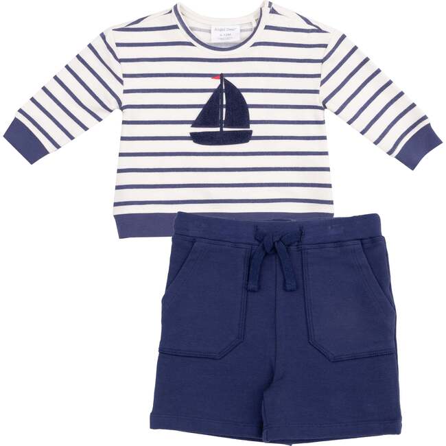 French Terry Sweat Shirt with Applique and Short, Navy Stripe - Mixed Apparel Set - 1