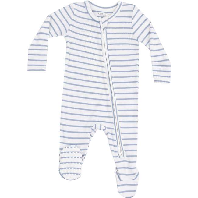 2 Way Zipper Footie, French Stripe Dusty Blue - Footie Pajamas - 1