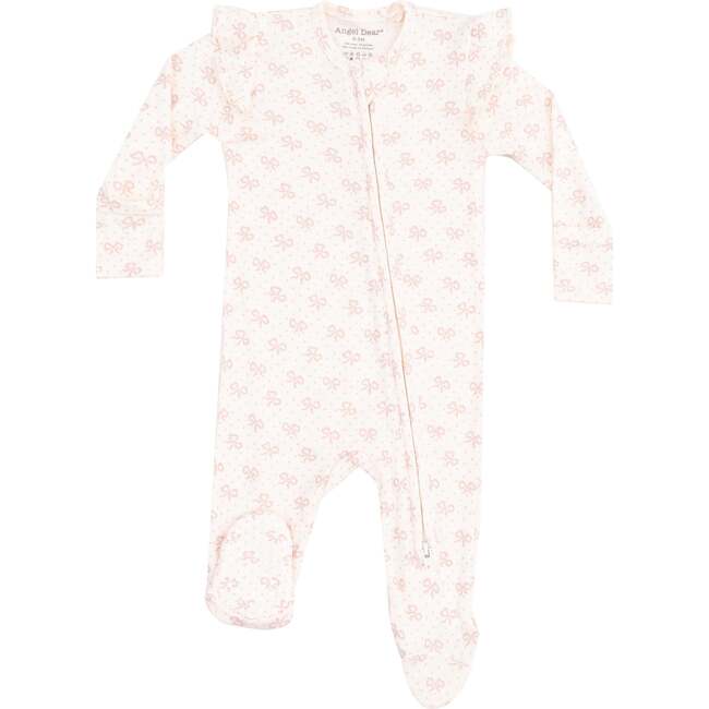 2 Way Ruffle Sleeve Zipper Footie, Vintage Mini Bows, Ivory - Footie Pajamas - 1