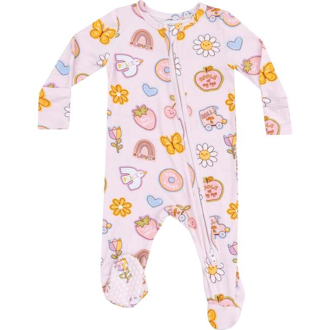 2 Way Zipper Footie, Groovy Vibes Stickers Pink - Footie Pajamas - 1