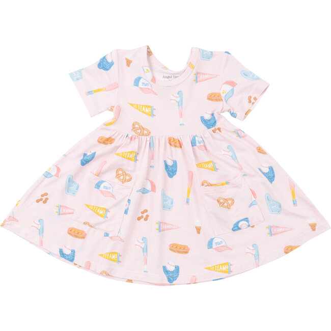 Softball Print Twirly Short Sleeve Dress, Pink - Dresses - 1
