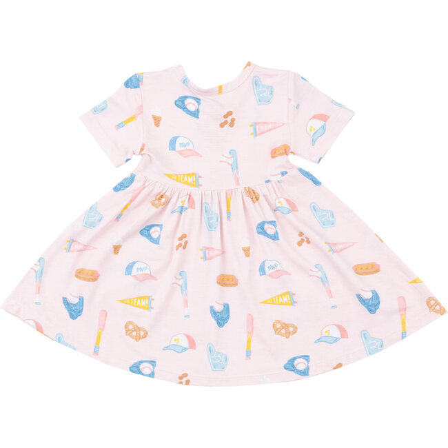 Softball Print Twirly Short Sleeve Dress, Pink - Dresses - 2