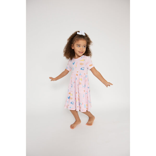 Softball Print Twirly Short Sleeve Dress, Pink - Dresses - 3
