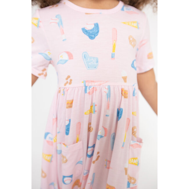 Softball Print Twirly Short Sleeve Dress, Pink - Dresses - 6