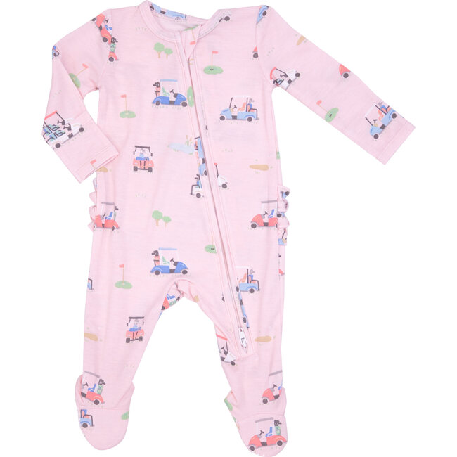 Golf Carts Print 2-Way Zipper Ruffle Back Footie, Pink - Footie Pajamas - 1