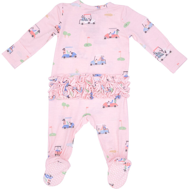 Golf Carts Print 2-Way Zipper Ruffle Back Footie, Pink - Footie Pajamas - 2