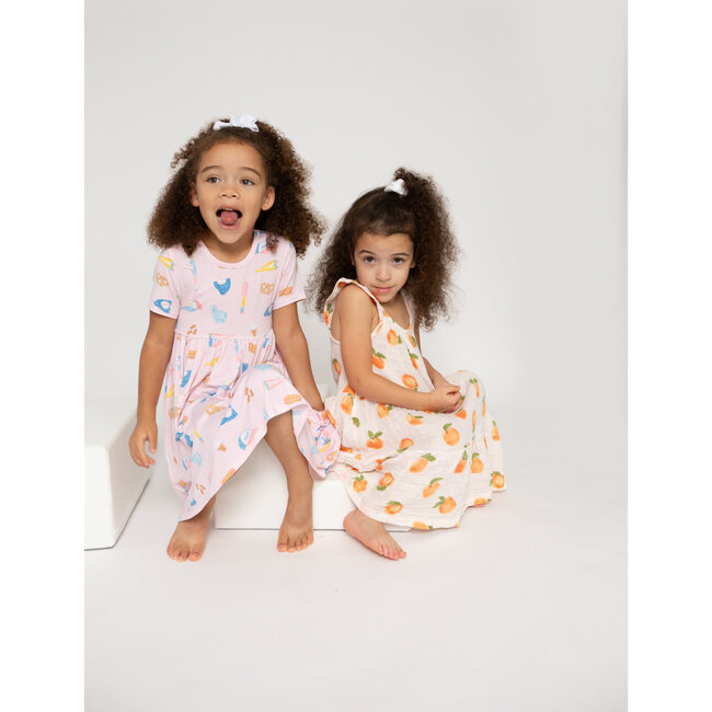 Softball Print Twirly Short Sleeve Dress, Pink - Dresses - 8