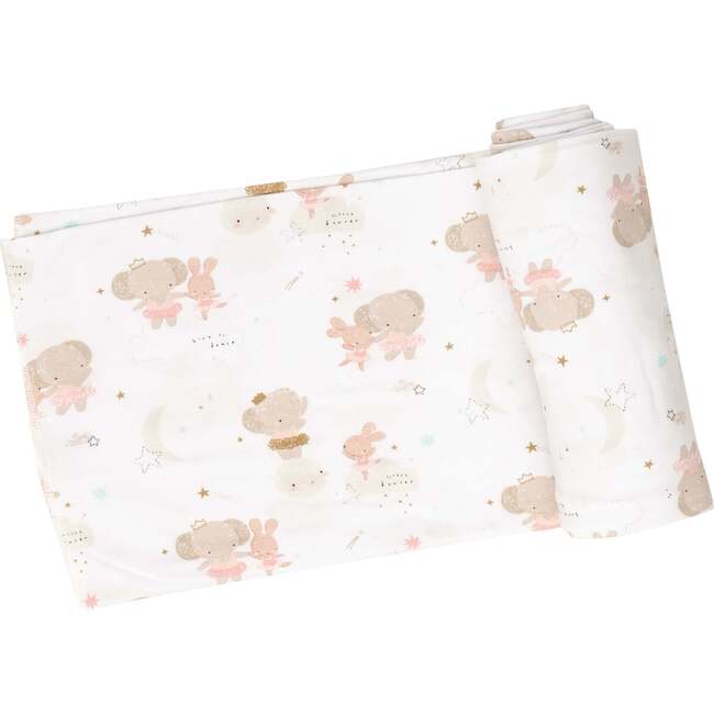 ELEPHANT + BUNNY BALLERINAS SWADDLE BLANKET, White - Swaddles - 1