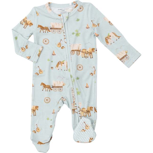 Covered Wagon 2-Way Zipper Footie, Blue - Footie Pajamas - 1